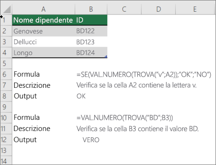 Esempio di utilizzo delle funzioni SE, VAL.NUMERO e TROVA per verificare se una parte di una cella corrisponde a testo specifico