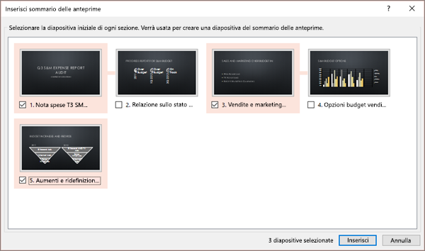 Finestra di dialogo Inserisci sommario delle anteprime in PowerPoint per una presentazione senza sezioni esistenti.