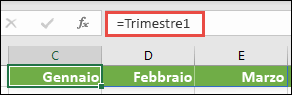 Usare una costante di matrice denominata in una formula, come = Trimestre1, in cui Trimestre1 è stato definito come ={"Gennaio", "Febbraio", "Marzo"}