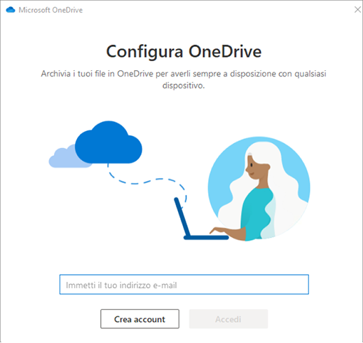 Screenshot della prima schermata dell'installazione di OneDrive