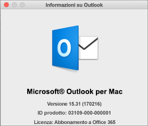 Se si usa Outlook tramite Office 365, in Informazioni su Outlook sarà indicato l'abbonamento a Office 365.