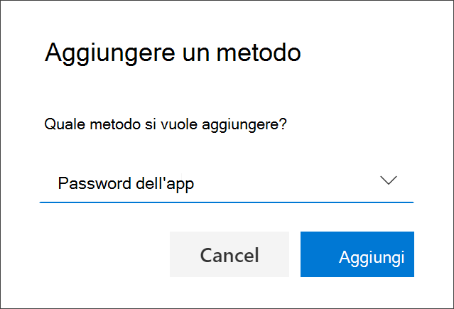 Casella Aggiungi metodo, con la password dell'app selezionata