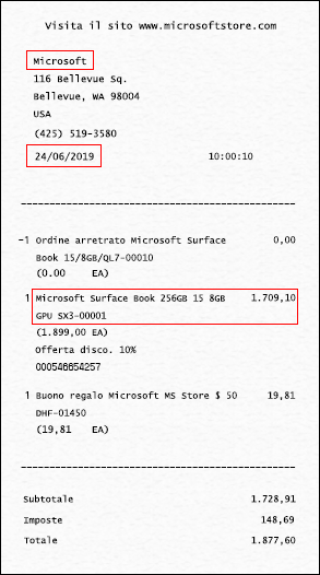 La ricevuta (o la prova di acquisto) deve indicare il negozio in cui il dispositivo è stato acquistato, la data e il nome del dispositivo (citato o dettagliato).