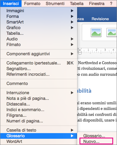 Menu Inserisci con Glossario > Nuovo evidenziati.