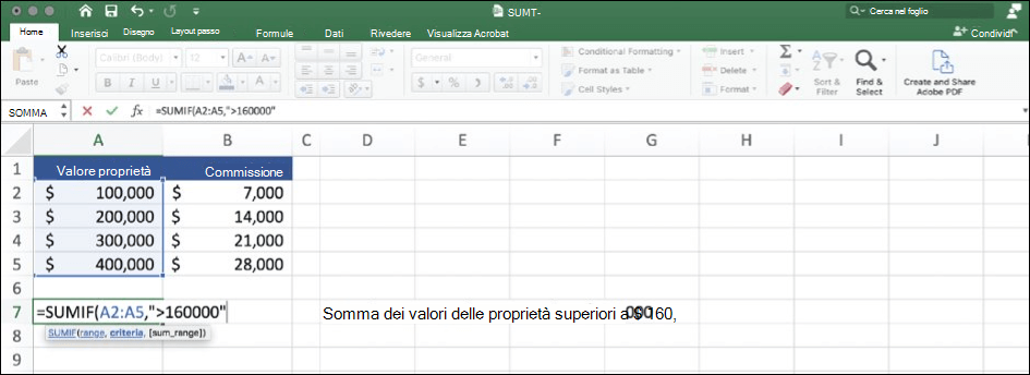 Screenshot di dai Excel con la funzione SOMMA.SE