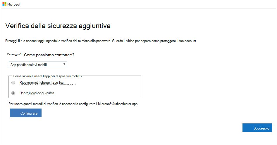 Pagina di verifica della sicurezza aggiuntiva, con l'opzione per le notifiche e l'app per dispositivi mobili