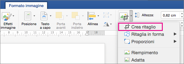 Opzione Ritaglia evidenziata nella scheda Formato immagine.