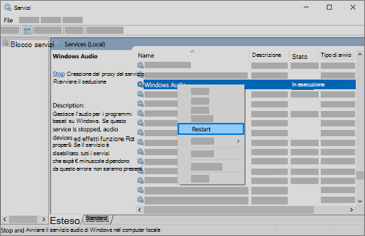 riavviare i servizi audio: Audio Windows, Generatore endpoint Windows e Chiamata di procedura remota (RPC)