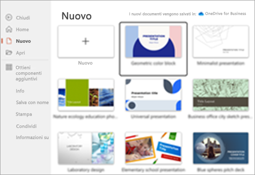 Screenshot della selezione del tema per una nuova presentazione in Office.com.