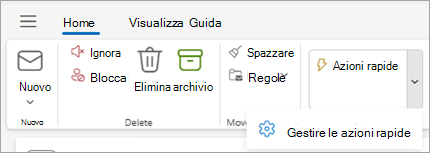 Screenshot della barra multifunzione di Outlook con l'impostazione Gestisci azioni rapide