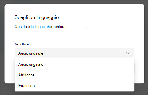 Screenshot del menu a discesa con le opzioni della lingua da tradurre durante la riunione di Teams.