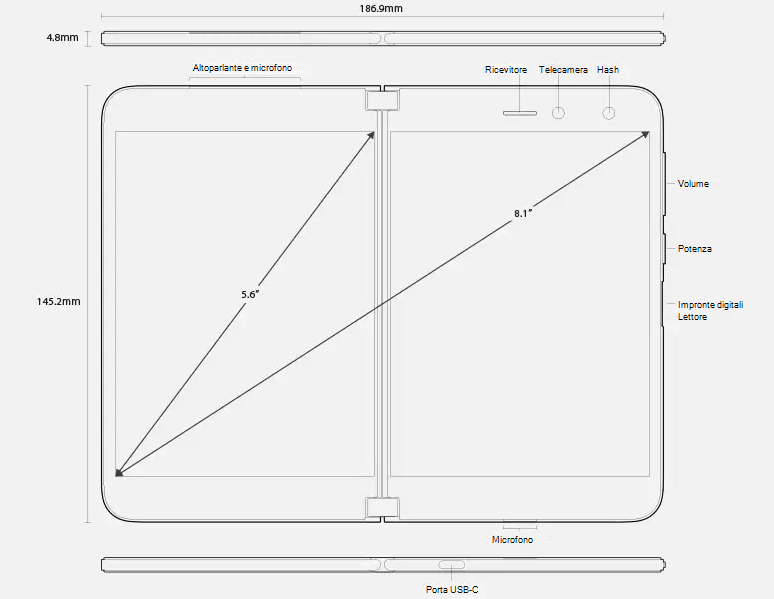 Mostra le dimensioni e le funzionalità di Surface Duo, con il dispositivo aperto.