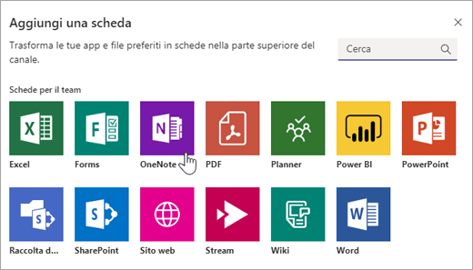 Aggiunta di OneNote come scheda all'interno di un team.