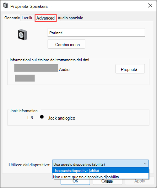 Abilitare il dispositivo audio nelle Proprietà altoparlanti in Windows 11.