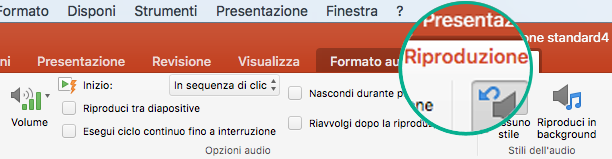 Quando si seleziona un clip audio in una diapositiva, sulla barra multifunzione viene visualizzata la scheda Riproduzione che consente di impostare le opzioni di riproduzione.