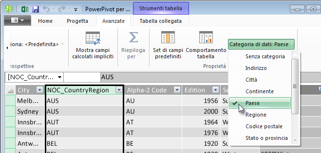 Categorie di dati in PowerPivot