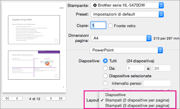 Anteprima degli stampati in PowerPoint per Mac