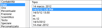 Finestra di dialogo Formato celle, comando Data, tipo 3/14/12 13:30