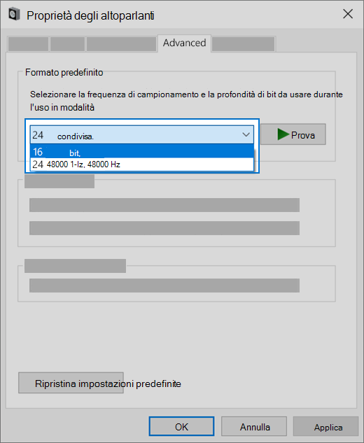 Modificare l'impostazione del formato audio del dispositivo audio