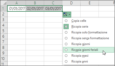 Usare il quadratino di riempimento per creare un elenco di date sequenziali