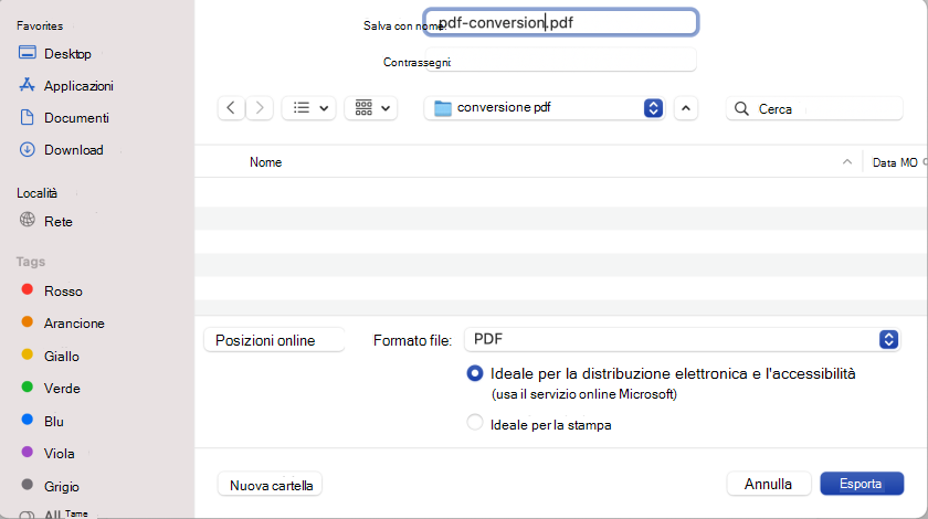 Usare lo strumento Formato file in Salva con nome in Word per selezionare altri formati di salvataggio, ad esempio PDF