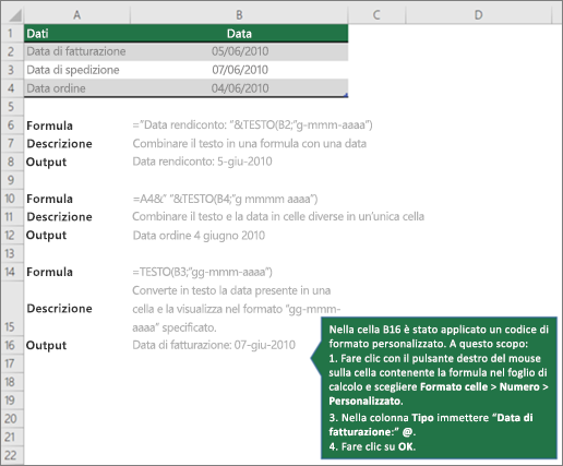 Esempi che illustrano come le formule possono combinare testo con valori di data e ora