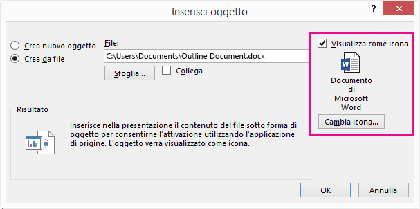 La finestra di dialogo Inserisci oggetto con la casella di controllo "Visualizza come icona" selezionata