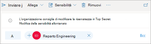 Screenshot di un suggerimento su un'etichetta di riservatezza consigliata