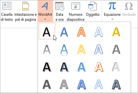 Scelta di uno stile WordArt nella scheda Inserisci