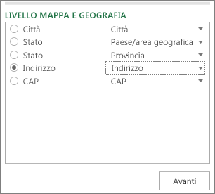 Dati geografici e livello della mappa nel riquadro attività