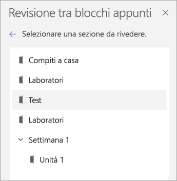 Selezionare una sezione da rivedere.