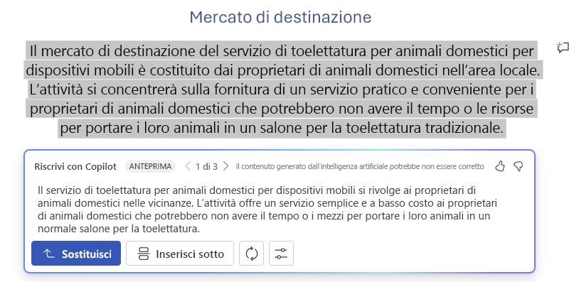 Screenshot di Copilot in Word con suggerimenti e opzioni di riscrittura del testo