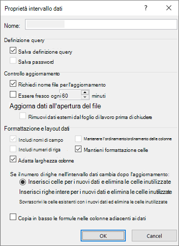 Esempio della finestra di dialogo Proprietà intervallo dati esterno