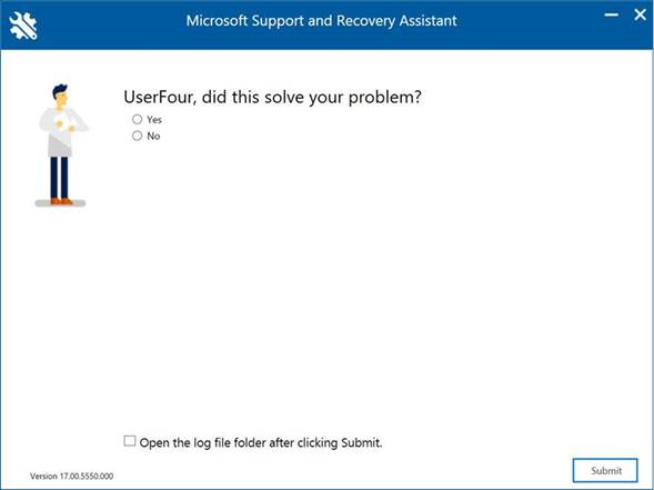 Finestra di dialogo dell'Assistente supporto e ripristino di Microsoft che chiede all'utente se il problema è stato risolto.