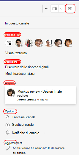 Riquadro informazioni di Teams