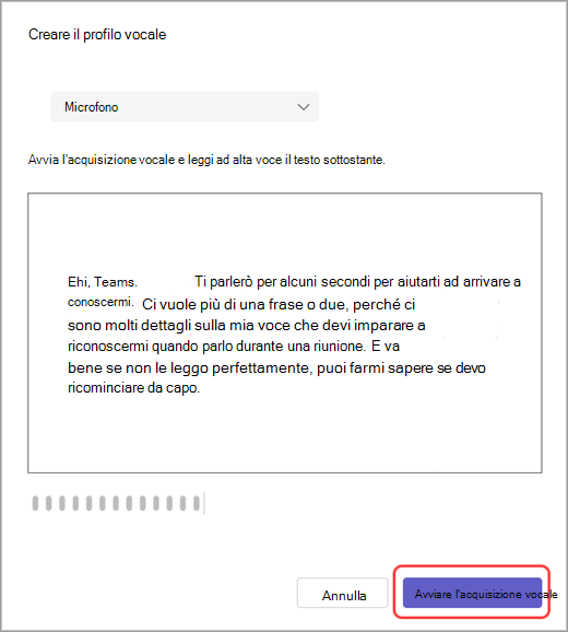 Avviare un'acquisizione vocale nelle impostazioni di Teams.