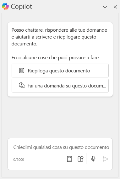 Screenshot del riquadro della chat di Copilot in Copilot nell'applicazione desktop Word