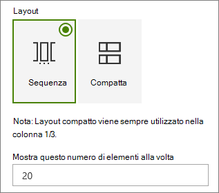 Selezione del layout nel riquadro delle proprietà della web part Eventi.