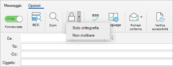 Visualizzazione del pulsante Crittografa in un messaggio di posta elettronica