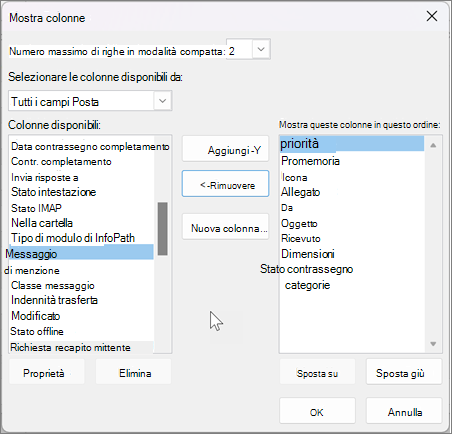 Visualizzare le impostazioni delle colonne in Outlook