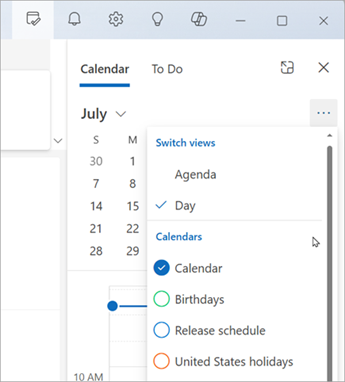 Selezionare Cambia visualizzazione per visualizzare la visualizzazione Agenda o Giorno. Qui è anche possibile scegliere quali calendari visualizzare.