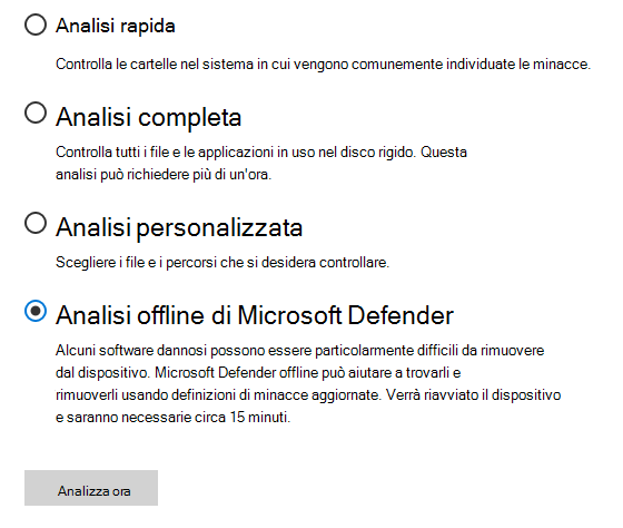 Finestra di dialogo Opzioni analisi che mostra Microsoft Defender'analisi offline selezionata.