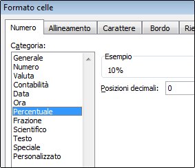 Categoria Percentuale nella finestra di dialogo Formato celle