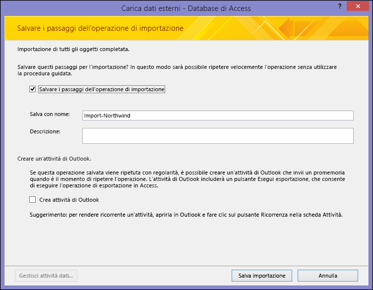 Finestra di dialogo Salvare i passaggi dell'operazione di esportazione