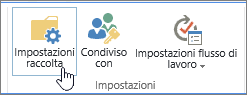 Pulsanti di impostazioni delle raccolte di SharePoint sulla barra multifunzione