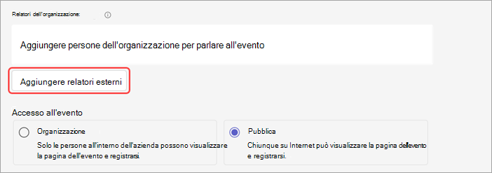 Screenshot che mostra come aggiungere presentatori esterni a un webinar