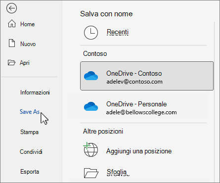 Finestra di dialogo Salva con nome che mostra OneDrive