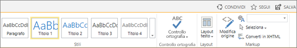 Screenshot di una sezione della barra multifunzione di SharePoint Online con i controlli Condividi, Segui e Salva.