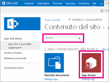 Ricerca di un'app Access nella pagina Aggiungi un'app in SharePoint