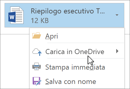 Screenshot di una finestra di composizione di Outlook che mostra un file allegato con il comando Carica selezionato.